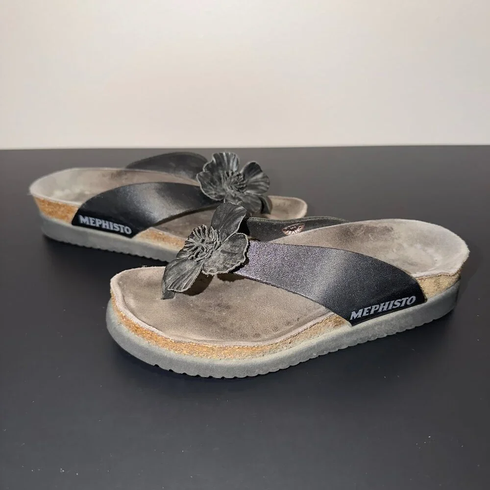 Mephisto Floral Slide Sandals Black Leather Cork Footbed Size 35 - Picture 2 of 7